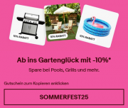 10% Rabatt auf die Kategorien Heimwerker, Garten & Terrasse, Outdoor, Grills, Pools & mehr bei Ebay