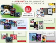 13% Rabatt auf alle Spielwaren, Filme, Kalender, reduzierte B&uuml;cher & mehr im Hugendubel Shop