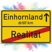 Einhorn Schild, gelbes Ortsschild (30x20cm), Ortstafel (Realit&auml;t &ndash; Einhornland), S&uuml;&szlig;e Wand-Deko