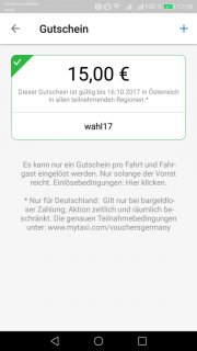 15&euro; myTaxi Gutschein zur Wahl - ACHTUNG gilt nur in &Ouml;sterreich / Neu- und Bestandskunden