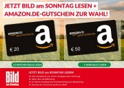 12 Ausgaben &bdquo;Bild am Sonntag&ldquo; f&uuml;r 23,40&euro; + 20&euro; Amazon-Gutschein + 5&euro; Verrechnungsscheck