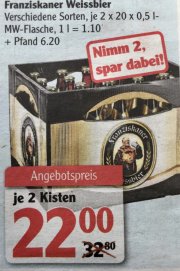 2 Kisten Franziskaner Hefe Weissbier f&uuml;r 22 &euro;