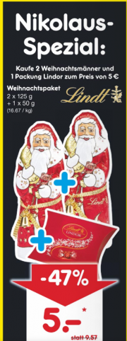 2 Lindt Weihnachtsm&auml;nner und 1 Packung Lindor f&uuml;r 5,00 &euro; statt 9,57&euro; bei netto