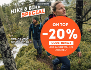 20% Extra-Rabatt auf ausgew&auml;hlte Hike & Bike Outdoor Kleidung, Schuhe und Ausr&uuml;stung bei SportScheck