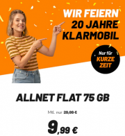 20 Jahre klarmobil! 75 GB Allnet Flat im D-Netz f&uuml;r nur 9,99 Euro im Monat und weitere Traife