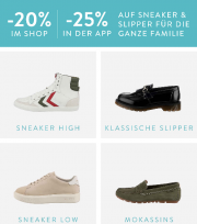 20% online oder 25% in der App auf alle Slipper und Sneaker f&uuml;r Damen und Herren bei Mirapodo