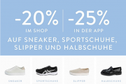 20% online oder 25% in der App auf alle Sneaker, Sportschuhe, Slipper und Halbschuhe bei Mirapodo