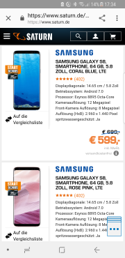 Samsung Galaxy S8 f&uuml;r 599&euro; statt 699&euro;. Zus&auml;tzlich 80 &euro; Gutschrift bei Saturn