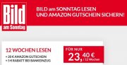12 Ausgaben &bdquo;Bild am Sonntag&ldquo; f&uuml;r 23,40&euro; + 20&euro; Amazon-Gutschein + 5&euro; Verrechnungsscheck