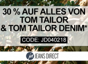 Jetzt gibts satte 30% Rabatt auf coole Bekleidung von Tom Tailor f&uuml;r Sie und Ihn bei JeansDirect