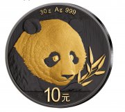 China 30 g Silberm&uuml;nze Panda mit Schwarzruthenium und Goldapplikation 2018