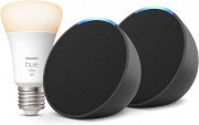 2er Pack Echo Pop smarter WLAN- und Bluetooth-Lautsprecher mit Alexa + Philips Hue White E27 Lampe