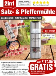 2in1-Mini-Salz- und Pfefferm&uuml;hle aus Edelstahl mit 2 Keramikmahlwerken - GRATIS - nur VSK!