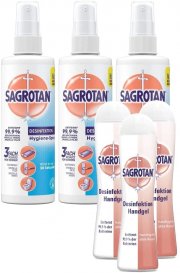 3x Sagrotan Hygiene-Pumpspray 250ml + 3x Sagrotan Desinfektion Handgel 50ml