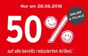 50% Rabatt auf den gesamten Sale nur heute 28.06.2018 (on/offline)