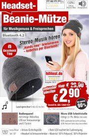 Beanie-M&uuml;tze mit integriertem Stereo-Headset und Bluetooth 4.2, f&uuml;r 7,80&euro; statt 34,80&euro;