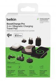 BELKIN BoostCharge Pro Faltbare 3-in-1 Ladestation mit Qi2 (15W) Reisesteckerset und Reisetasche