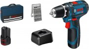Bosch GSR 12V-15 Professional Akkuschrauber inkl. 2x 2.0Ah Akku, Ladeger&auml;t, 25-tlg.-Bit-Set & Tasche