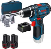 Bosch Professional GSR 12V-15 Akkuschrauber inkl. 2x2,0 Akku + Ladeger&auml;t und 39-teiligen Zubeh&ouml;r-Set