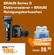 BRAUN Series 9 - 9280cc Elektrorasierer + 6er-Pack Rei&shy;ni&shy;gungs&shy;kar&shy;tu&shy;schen im Saturn f&uuml;r 199 Euro