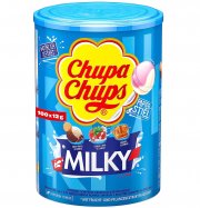 Chupa Chups Milky Lutscher-Dose mit 100 Lollis in 3 cremigen Geschmacksrichtungen