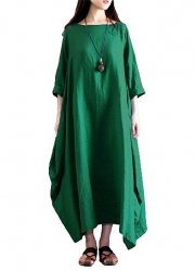 Damen Kleid Solide Baumwolle Tasche Rundhalsausschnitt Lose Baggy Vintage 