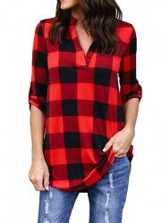 Damen Plaid Lose Shirt V-Ausschnitt mit Langen &Auml;rmeln