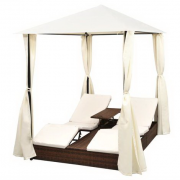 Doppel-Sonnenliege mit Vorhang Poly Rattan Braun f&uuml;r 353,99&euro; statt 396,99&euro;
