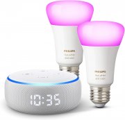 Echo Dot (3. Gen.) Lautsprecher mit Uhr und Alexa + Philips Hue Color LED-Lampe Doppelpack (E27)