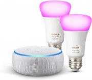 Echo Dot (3. Gen.) + Philips Hue Color LED-Lampe Doppelpack E27 kompatibel mit Bluetooth und Zigbee