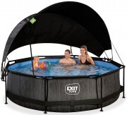 EXIT Toys Black Wood Pool &oslash;300x76cm Runder Rahmenpool mit Sonnensegel und Kartuschenfilterpumpe
