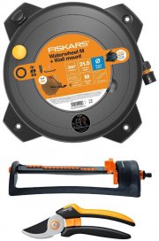 Fiskars Waterwheel M Schlauchtrommel + Bew&auml;sserungsset & Schlauch + Vierecksprinkler + Gartenschere
