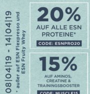 Fitmart - 20% auf ESN Proteine + 15% auf Creatine, Aminos, Booster 