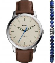 Fossil FS5966SET Minimalist Herrenuhr mit Lederarmband und blaue Armkette