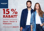 F&uuml;r 2 Tage 15% Rabatt auf nicht reduzierte Jeans f&uuml;r Damen, Herren und Kinder im Karstadt Shop