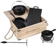 GRILL EXPERTE Dutch Oven Kochtopf-Set 9-teilig in praktischer Holzkiste
