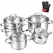 HOCHWERTIG 5 TEILIGES KOCHT&Ouml;PFE SET - Zus&auml;tzlich ein Paar 15 Euro Ofenhandschuhe als Geschenk.