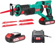 HYCHIKA 18V Akku-S&auml;bels&auml;ge mit 2x2000 mAh Akku, 4 S&auml;gebl&auml;tter und Schnellladeger&auml;t