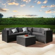 Juskys Polyrattan Lounge Nassau f&uuml;r 5 Personen mit Ecksofa & Tisch inkl. Bez&uuml;ge
