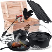 KESSER 10-teiliges Gusseisen Dutch Oven Set in Holzkiste inkl. Rezeptbuch und Handschuhe