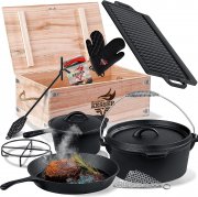 KESSER 10-teiliges Gusseisen Dutch Oven Set in Holzkiste inkl. Rezeptbuch und Handschuhe