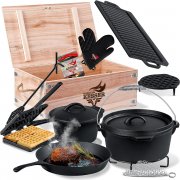 KESSER 12-teiliges Gusseisen Dutch Oven Set mit viel Zubeh&ouml;r inkl. Waffeleisen in Holzkiste