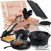 KESSER Dutch Oven Set 12-teilig mit viel Zubeh&ouml;r inkl. Waffeleisen in Holzkiste