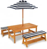 KidKraft 106 Gartenm&ouml;bel-Set mit Tisch, Bank, Kissen und Sonnenschirm aus Holz f&uuml;r Kinder