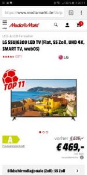 LG 55UJ6309 LED TV (Flat, 55 Zoll, UHD 4K, SMART TV, webOS) f&uuml;r 469&euro; inkl. Versand