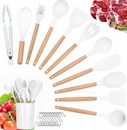 NAUDILIFE 12-teiliges Silikon K&uuml;chenutensilien Set mit Holzgriff