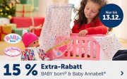 Nur heute 15% Extra-Rabatt auf alles von Baby Annabell und BABY born im MyToys Shop