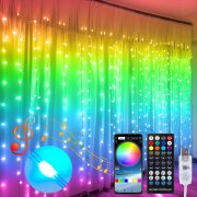 QINER 3x3m 300 LEDs RGBW Lichterkettenorhang mit Musik Sync, Fernbedienung und App Steuerung