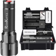 REHKITTZ LED Taschenlampe 3300 Lumen + 26650 Lithiumakku + Ladeger&auml;t und Koffer