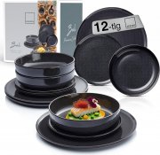 S&auml;nger Bali PREMIUM COLLECTION 12-teiliges Steingut Geschirrset Grau mit Dunkler Maserung